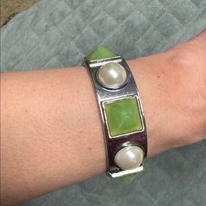 Vintage Hinged Bangle Bracelet, Studs, Pearls, Silver, Green, Retro, Boho